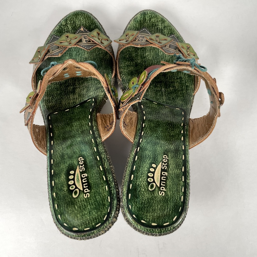 Spring Step Savory Shoes Womens Size 41 Green Leather Slide Heels Floral Slip On - Picture 9 of 10